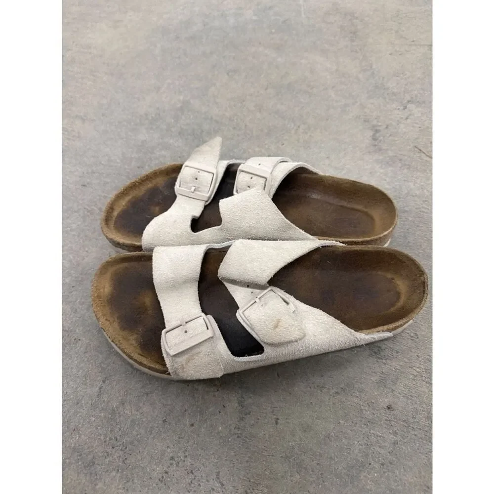 Birkenstock Two-Strap Suede Slides in Light Taupe
